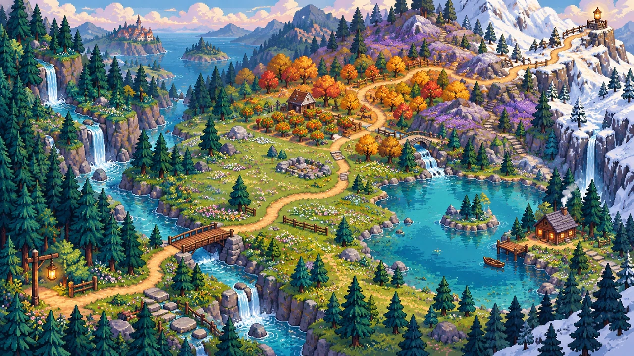 An illustrated trail map winding from a small basecamp through woods and mountains